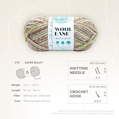 Image of Lion Brand Yarn Wool-Ease Thick & Quick Yarn, Soft and Bulky Yarn for Knitting, Crocheting, and Crafting, 1 Skein, Fern | Super Bulky Wool Acrylic Blend Fiber for Soft Hats, Sweaters, Chunky Blankets, Yarn for Crochet, Knitting, Crafts, Weaving
