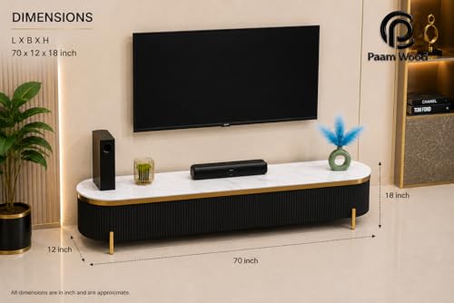 Image of Mazzo Modern TV Unit /Console - 70 inchx12 inchx18 inch White Marble Top with Golden Acrylic, Waterproof Plywood & Charcoal Louvers - Media Cabinet | Modern TV Stand Console Without Storage (Black)