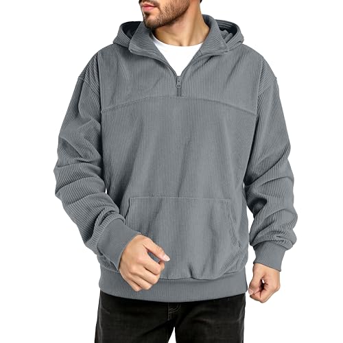 GINGTTO Mens Quarter Zip Pullover Hoodie Corduroy Sweatshirt Men Mock Neck Grey XX-Large