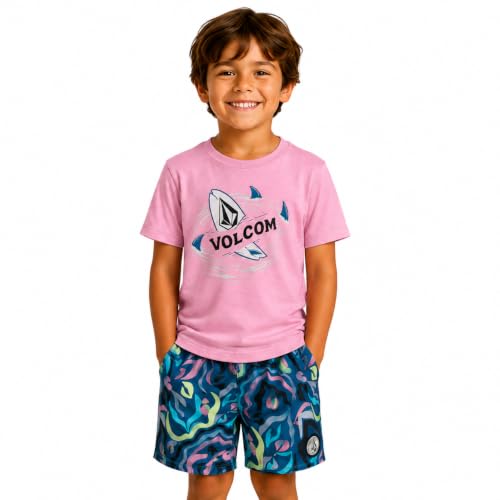 Image of Volcom Baby Boys Swim Set - 2 Piece Short Sleeve Swim Shirt Graphic Tees & Board Shorts - Infant Toddler Little Boys Swimsuit