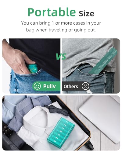 Image of PULIV Weekly Pill Organizer with Large Capacity, Dual Protection Pill Box 7 Day, Arthritis Friendly Pill Case Easy to Open, Medicine Organizer for Vitamins, Medications, Fish Oils, Supplements (Cyan)
