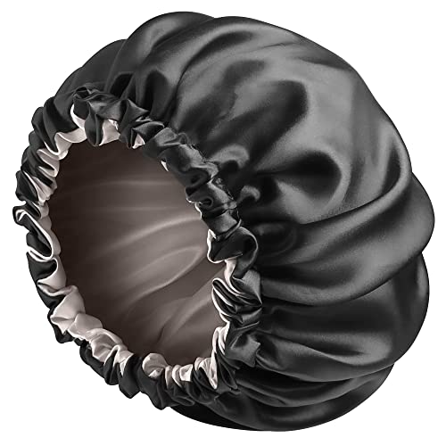 Bonnet Satin Cheveux Nuit Ajustable, Bonnet en Satin pour Cheveux Afro Large, Bonnet de Nuit Satin pour Soin Cheveux Sommeil Femme Fille - Noir Cover