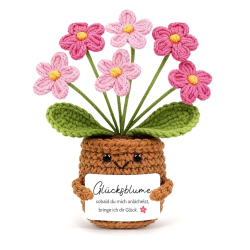 HUKUMA Pocket Hug Blumen, Glücksblume Gehäkelt, Kleine Geschenke für Frauen, Gehäkelte Blumen Glücksbringer, Geschenk für Geburtstag Weihnachten Neujahr