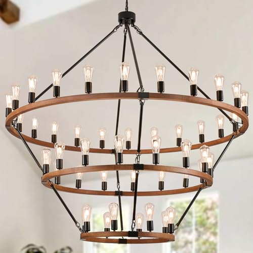 Image of Farmhouse Wooden Wagon Wheel Chandelier 48-Light 63 inch Light Fixture