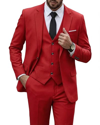 YND Men's 3 Piece Slim Fit Suit, One Button Solid Jacket Vest Pants Set with Tie, for Wedding Party Proms and Business, Red