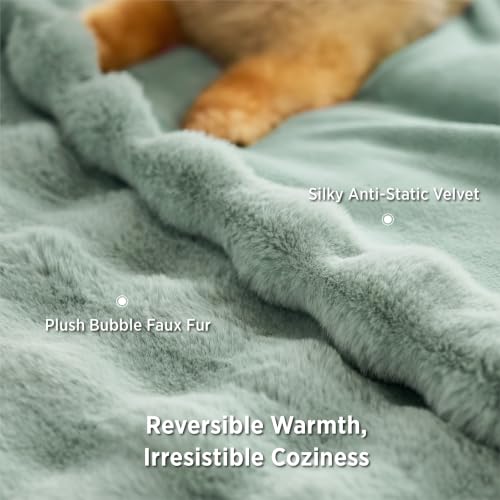 Image of Bedsure GentleSoft Bubble Faux Fur King Size Blanket for Bed, Fluffy Fuzzy King Blanket for Winter, Soft Cozy Faux Fur Bedding Thick Warm Plush Decor for Bedroom, Sage Green, 104x90