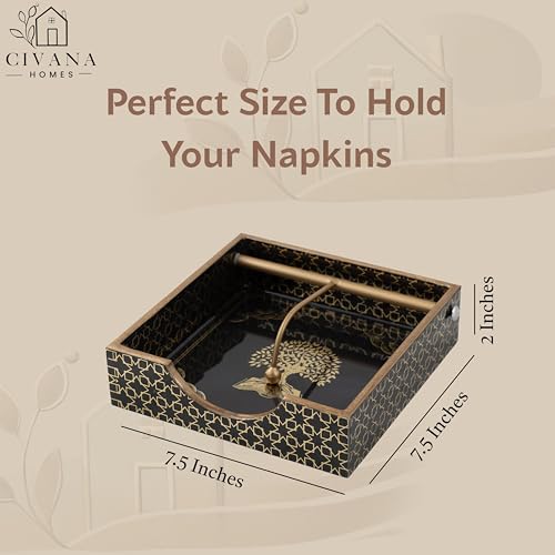 Image of Wooden Napkin Holder with Gold Engraving | Pack of 1 | Size : 7.5 x 7.5 inch | Enamel Coated Waterproof | Tissue Holder for Dining Table | Black Tree Napkin Holder