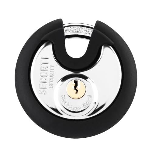 Image of SEDORTI 12-Pack Covered Keyed Alike Stainless Steel Disc Padlocks | For Storage Unit Gate Outdoor Locker Shed Fence, Round Lock with Rubber Bumper, Weather-resistant Storage Lock with Brass Key