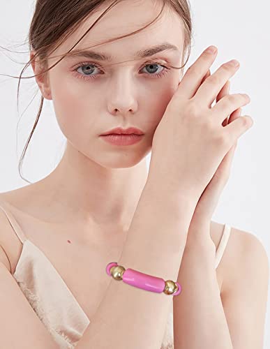 Lalapple Gold Plated Beaded Acrylic Bamboo Tube Bangle Bracelets For Women, Colorful Chunky Curved Tube With Gold Pieces Beads Stretch Bracelet Friendship Summer Beach Jewelry (M-Watermelon Red) #TOP4