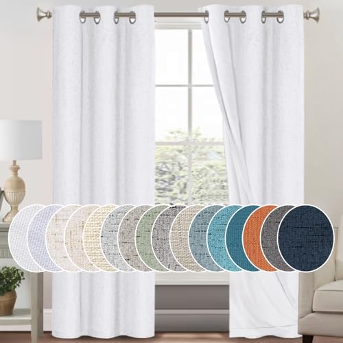 Image of PrinceDeco Blackout Curtains 84 inch Length 2 Panels Set 100% Blackout Curtains for Bedroom Living Room Linen Textured Curtains with White Liner Grommet Room Darkening Curtains, White,W42 X L84