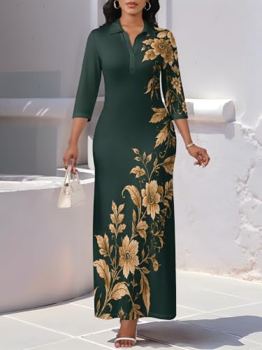 Image of PinkPatty Women's Casual 3 /4 Sleeve Polo V Neck Bodycon Maxi Dress
