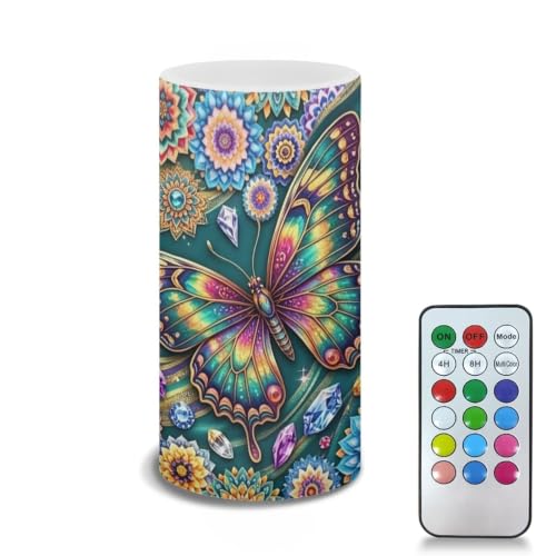 Image of Poceacles LED Flameless Candles Battery Operated Candles with Remote Control Timer Flickering Wick Pillar Tealight for Home Outdoor Decor, Boho Floral Butterfly Blue