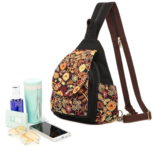Image of SILKAREA Canvas Sling Backpack for Women Embroidered Travel Chest Bag Multi-purpose Backpack Purse Shoulder Bag (Embroidered Y)