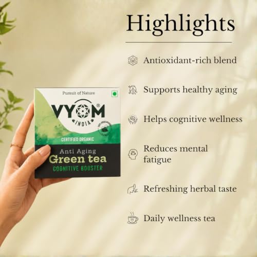 Image of VYOM INDIA Organics Green Tea For Weight Loss - 15 Bags | Anti Aging, Cognitive Booster, Strengthen The Function Of Brain, Reduces Stress, Boost Metabolism | Tulsi & Lemongrass Flavour