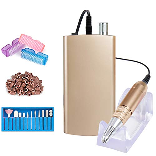 Professional 30000RPM Rechargeable Nail Drill Portable Electric Nail File Manicure Pedicure Machine with 11 in 1 Nail Drill Bits and Sanding Bands for Acrylic Gel Nails(Champagne)
