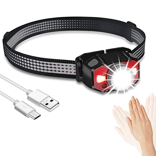 HOSONIC Linterna Frontal LED Recargable,Linterna Cabeza 5 Modos Luz con Rojo, Control de Sensor, Luz Frontal Cabez IPX5 Impermeable para Camping Running Pesca Cover