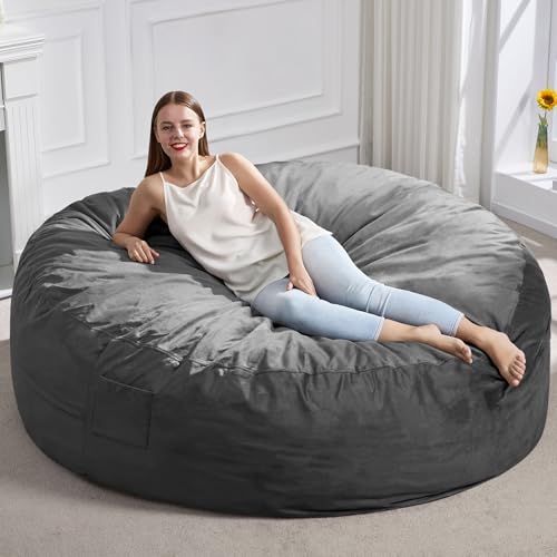 Image of Hobestluk Giant Bean Bag Chairs 6FT Oversized BeanBag Chair for Adult Jumbo | Memory Foam,Washable Cover,Storage Pocket,Handle,Lightweight Round Dorm Chair Adult Bean Bag Bed Study Room Gaming | Grey 6FT