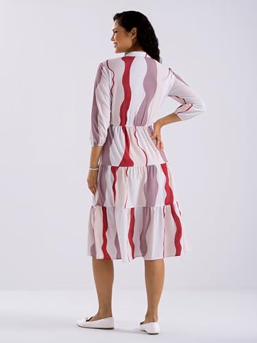 Image of AASK Women Diamond Creap Striped Printed Mandarin Collar Fit & Flare Dresss