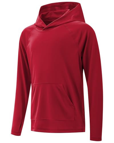 Poekuao Boys Rash Guard Hoodie Swim Shirt Long Sleeve Fishing Shirts for Kids UPF 50+ Sun Protection Quick Dry Rashguard with Pocket Red XL