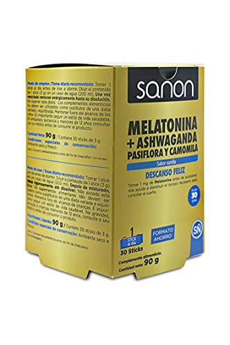 SANON Compuesto vitaminico a base de Melatonina + Ashwanda - Pasiflora. 30 sticks sabor Sandía. Ayuda a conciliar el sueño y mejorar la calidad del sueño. Tratamiento para 30 días de tratamiento Cover