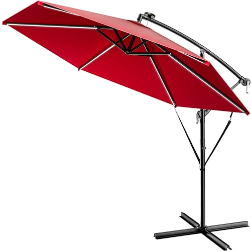 Kingsleeve® Ampelschirm LED Beleuchtung UV Schutz 80+ Solar Ständer Schutzhülle 350cm Groß Kurbel Balkon Terrasse Gartenschirm Sonnenschirm Rot