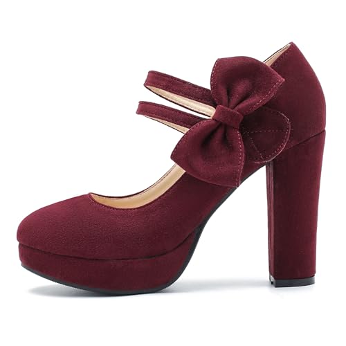 Image of MAIERNISI JESSI Women's Platform Mary Jane Pumps with Bow, 3.94 Inch Block Heel Dress Shoes