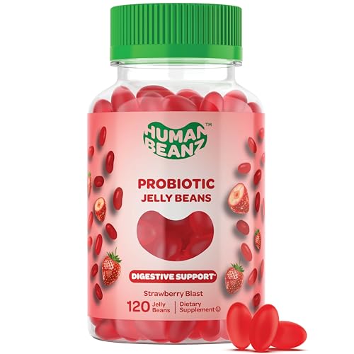 Human Beanz Probiotic Jelly Bean Gummies for Men and Women, Probiotic Supplements for Digestive Health, Nutritional Vegetarian Supplements, 120 Strawberry Blast Jelly Beans, Kosher