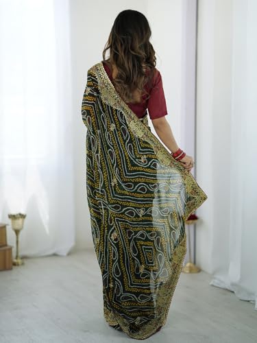 Image of Satrani Women's Georgette Bandhani Printed Embroidered gota lace Saree with Unstitched Blouse Piece