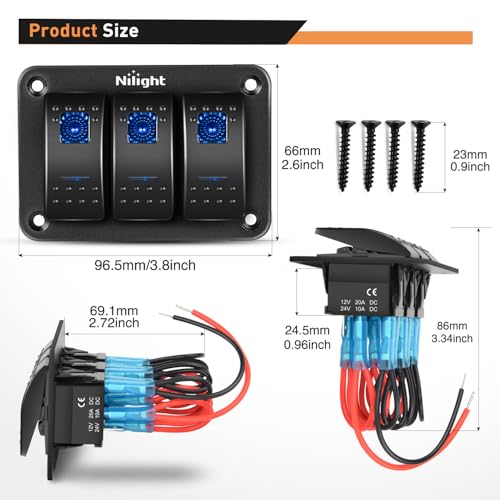 Image of Nilight 90017C 3 Gang Aluminum Panel Toggle Dash 5 Pin On /Off Pre-Wired Rocker Switch Holder for Automotive Car Marine Boat, 2 Years Warranty,Blue