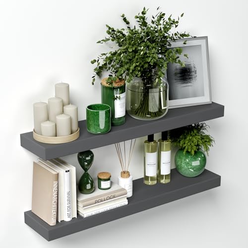 Homeforia Gray Floating Shelves, Solid Wood, Set of 2