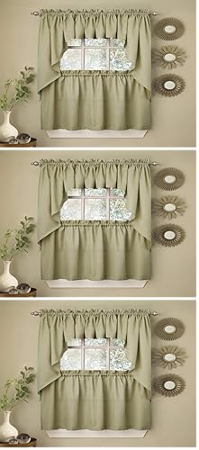 Image of Sweet Home Collection Opaque Rib Cord Kitchen Curtains Swag Pair, Ribcord Sage (Pack of 3)