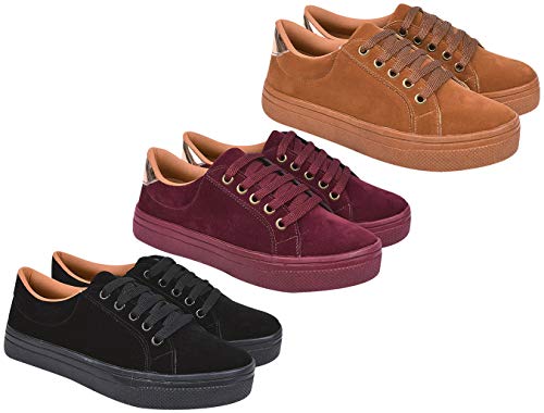 Kit 3 Pares Tenis Camurça Feminino Sapatenis Nobuck Casual Eleganteria Tamanho:38;Cor:Marrom, Vermel