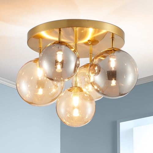 Plafonnier en verre soufflé doré moderne luminaire G9 salon D35cm