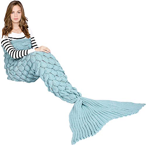 eCrazyBaby Couverture de Queue de sirène, Toutes Les Saisons Chaude Couverture de lit canapé Couette Salon Sac de Couchage pour Enfants et Adultes, écailles de Poisson, 195 x 90 cm, Bleu Clair