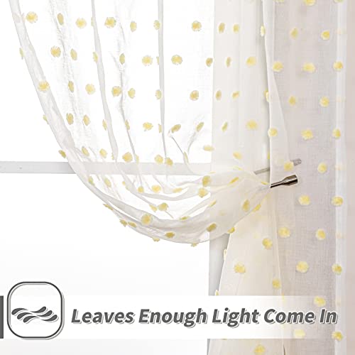 Image of MYSKY HOME Short Yellow Pom Pom Sheer Curtains for Bedroom 45 Inch 2 Pieces | Small Window Curtains, Light Filtering, for Living Room Kitchen Nursery, Yellow Cafe Panels, Rod Pocket, 50 x 45 in