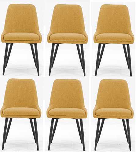 Image of Finch Fox Morris Glam Comfortable Fabric Upholstered Padded Living Room Side Dining Chair for Cafeteria Bedroom, Restaurents, Home, Office with Black Metal Legs in Yellow Color (Set of 6)