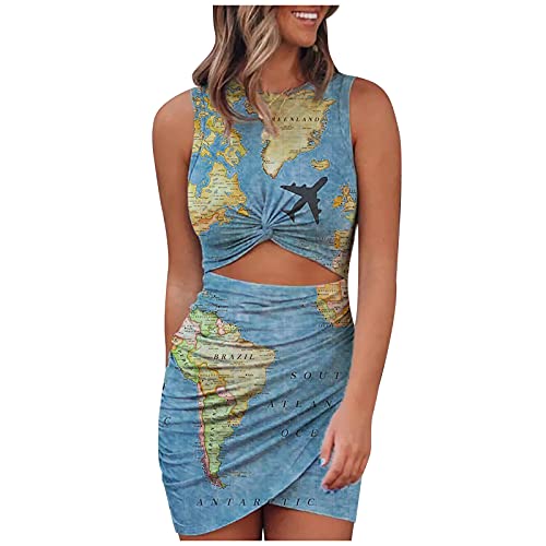Bodycon Dress for Women Summer Sleeveless Map Graphic Sundress Cut Out Twist Front Wrap Dresses Night Out Club Dress Blue