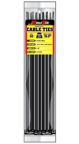 Pro Tie Heavy Duty Cable Ties, Self-Locking Nylon Cable Wire Ties for Indoor and Outdoor Use | 18-Inch, 120 lbs. Tensile Strength, UV Black Nylon, 50-Pack (PN: B18HD50)