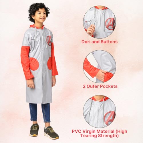 Image of Citizen Avengers Kids Raincoat with Inbuilt Hood & Carry Bag, PVC Virgin Fabric with High Tearing Strength, Full Sleeves Knee Length Raincoat For Boys & Girls, Grey & Red
