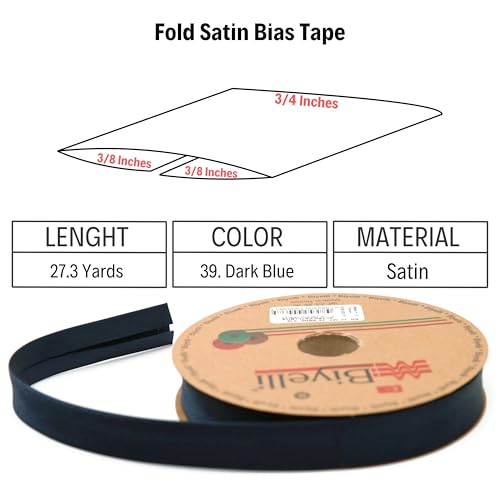 Image of Fold Satin Bias Tape - 99+ Colors - 3 /4 Inches Wide - 27 Yards - Fold Satin Binding Bias Ribbon Fabric Piping Bias Binding Tape for Sewing Clothing DIY Dark Blue BYS39
