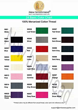 New brothread 24 Basic Colours Multi-Purpose 100% Mercerized Cotton Threads 30WT(50S/3) 600M Each Spool for Quilting, Sewing and Embroidery