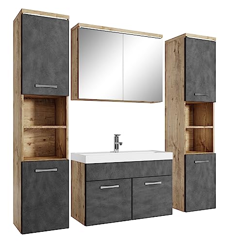Badplaats B.V. Meuble de Salle de Bain Paso XL 80 x 40 cm Chêne châtaignier avec Gris – Armoire de Rangement Meuble lavabo evier Meuble lavabo