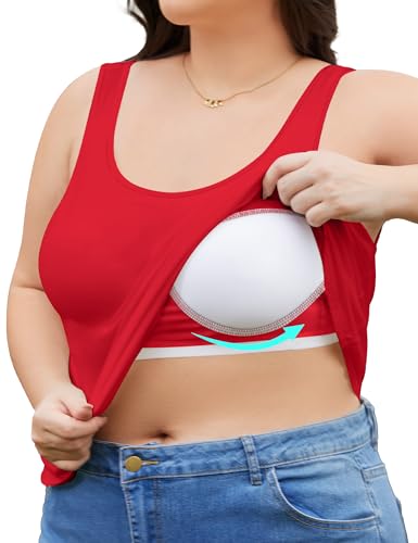 FOREYOND Plus Size Tank Top with Shelf Bra for Women Camisole Tops with Built in Bra Cotton Undershirts Army Wine Red 3XL