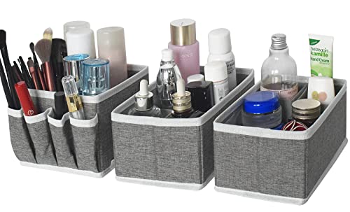 homyfort Dresser Drawer Organizer for Bathroom Countertop, Small Fabric Makeup Storage Basket Bins with Dividers for Women Cosmetics,Skincare,Hair Accessories,Vanity Desk,Nightstand,Set Of 3 (Grey)