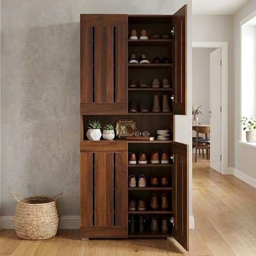 Image of Skyline 6 Feet Wooden 2 Door Shoe Rack Cabinet | 9 Shelf Multipurpose Shoe Organizer for Home & Hallway | Engineered Wood with Airflow Slots | DIY Assembly | Fits Upto 30 Shoes (Light Walnut)