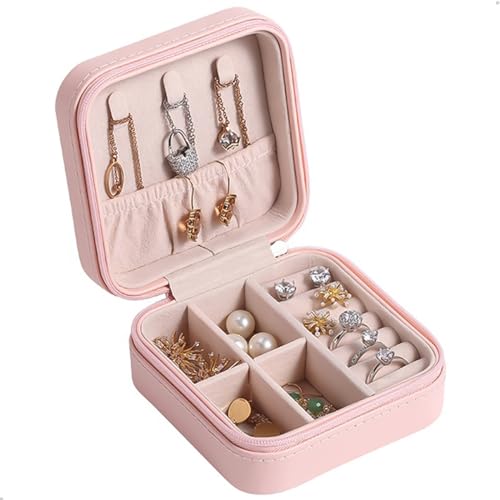 Loboy Mini Porta Joias Portátil Estojo Com Zíper Necessaire Compacto Seguro (Rosa Claro)