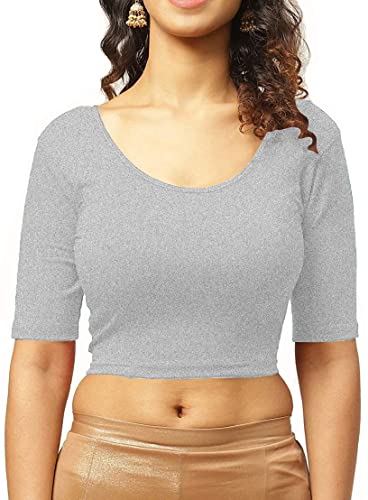 Image of THE BLAZZE 1303 Women's Cotton Scoop Neck Backless Elbow Sleeve Crop Top Readymade Saree Blouse for Women