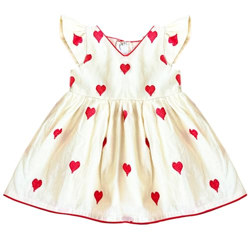 Image of Stanwells Kids Dress for Girls Heart Embroidery Pattern Knee Length Applique Kerala Ethnic Cotton Frock for Baby Girls Zipper Cap Sleeve Dress for Girls Cream & Red (6 Months - 7 Years)