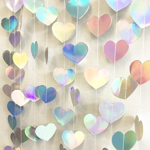 WENSEO 52Ft Shiny Corlorful Glitter Laser Love-Heart Garland Photo Booth Props for Girl Birthday Party Decorations ERAS Themed Birthday Banner Supplies Themed Decor Taylor Party Decorations