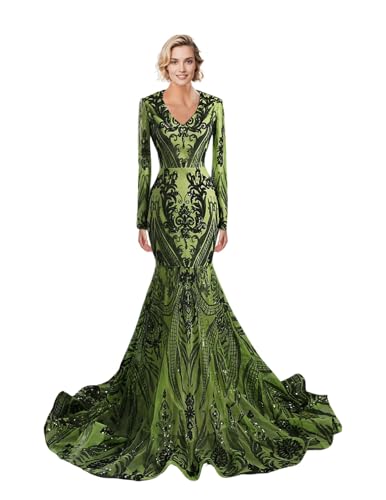 Mermaid Elegant Sequin Evening Gown Dress Carnival Formal V Neck Long Sleeve Court Train Lace Masquerade Dress 2025